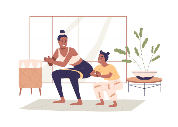 家庭母亲和女儿在家里锻炼图片下载