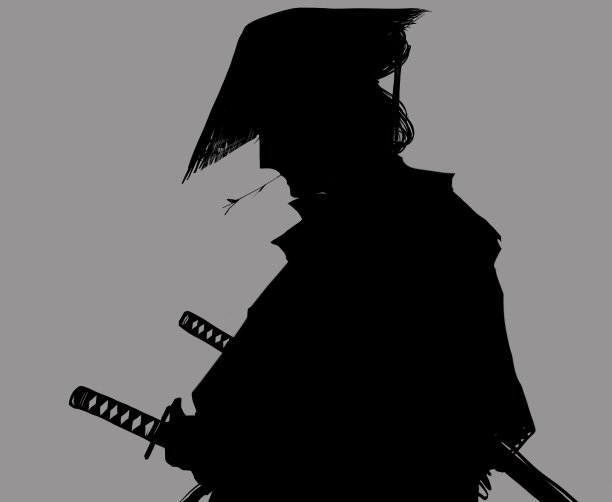 黑白剪纸风格的插图，一个歌舞伎演员扮演江户时代的武士，戴着飘逸的麻花帽，嘴里衔着一根小树枝。图片下载