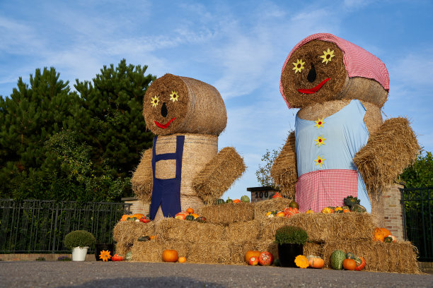 路边有两个草编木偶。装饰着南瓜。从感恩节到万圣节。深度视角。秋天在荷兰。图片下载
