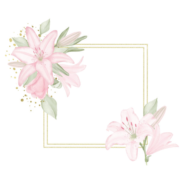 水彩花圈与淡粉色百合和几何金色元素孤立在白色背景，手绘。用于婚礼请柬、纺织品、贺卡、升华设计、包装。图片下载
