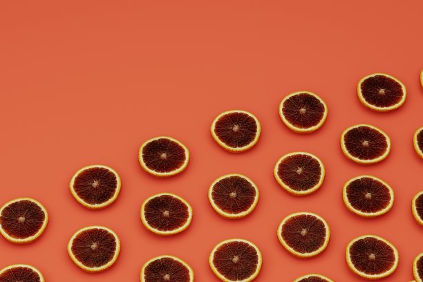 对角线放置柚子切片在橙色背景，水果背景概念，3d渲染图片下载