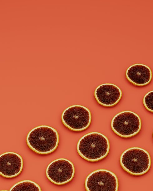 对角线放置柚子切片在橙色背景，水果背景概念，3d渲染图片下载