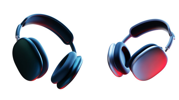无线耳机隔离在白色背景，3d渲染。霓虹灯下时髦的耳机图片下载