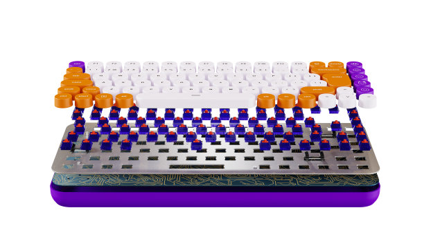 键盘切片，内部零件，3D渲染。可拆卸键盘，孤立在白色背景上。机械键盘零件:键帽，开关，垫片，PCB图片下载