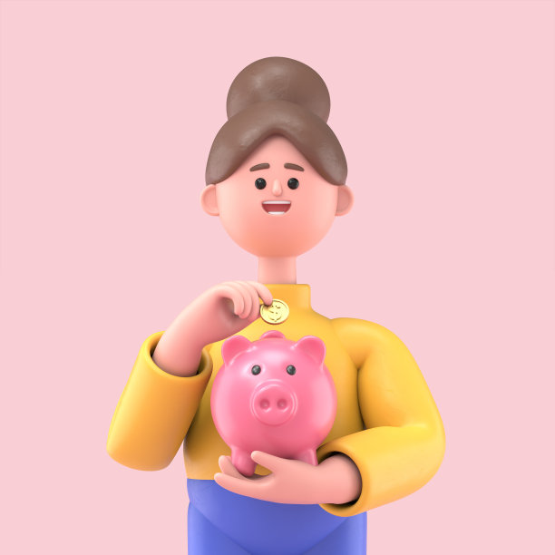 3D插图微笑的女人安吉拉把硬币放入巨大的和超大的粉红色储蓄罐。粉色背景上的3D渲染。图片下载