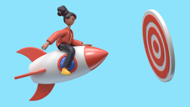 3D插图微笑的非洲裔美国女人可可飞行向前与火箭引擎大目标。蓝色背景上的3D渲染。图片下载