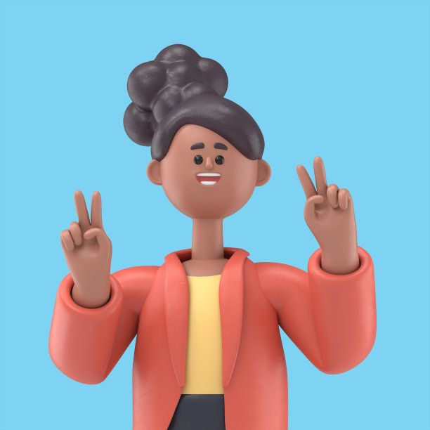3D插图微笑的非洲裔美国女人Coco显示手指做和平的标志，胜利的象征，第二，成功的人。蓝色背景上的3D渲染。图片下载