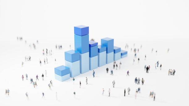 大数据分析，抽象概念。柱状图和白色背景上的人群。数字3 d渲染。图片下载