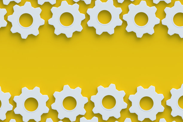 黄色背景的齿轮排。工程技术。机制的发展。工业的进步。概念的概念。业务合作。团队合作和沟通。前视图。副本的空间。三维渲染图片下载