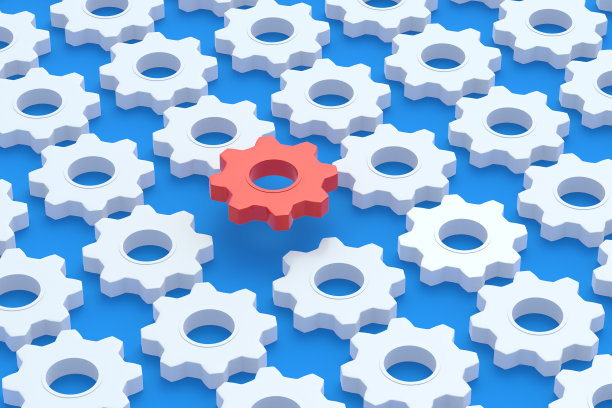 一排排的白色齿轮和一个漂浮的红色颜色。工程技术。机制的发展。工业的进步。概念的概念。独特的业务解决方案。三维渲染图片下载