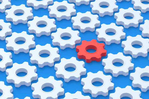 一排排白色的齿轮和一个红色的。工程技术。机制的发展。工业的进步。概念的概念。独特的业务解决方案。三维渲染图片下载