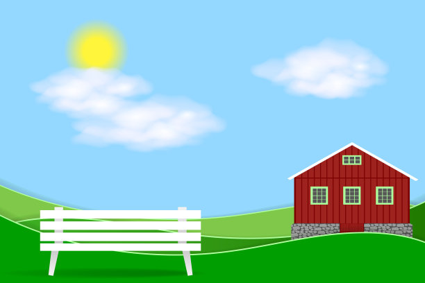 草地红色的农舍和白色的长凳图片下载