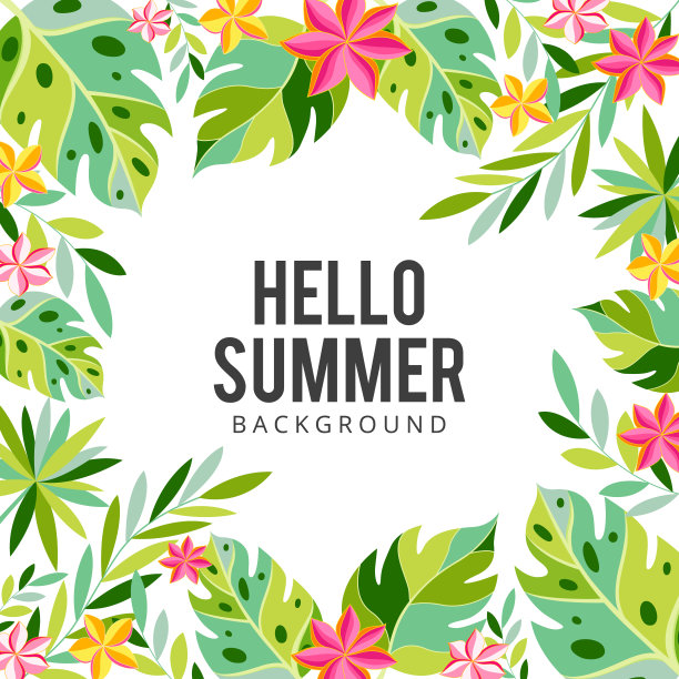 热带花卉和棕榈树夏季背景。异国花卉邀请，传单或卡图片下载