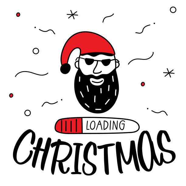 圣诞快乐头像与圣诞老人或精灵人物肖像与字母装载圣诞节。圣诞节黑色和红色矢量插图在涂鸦艺术风格。时髦的手绘图标。图片下载