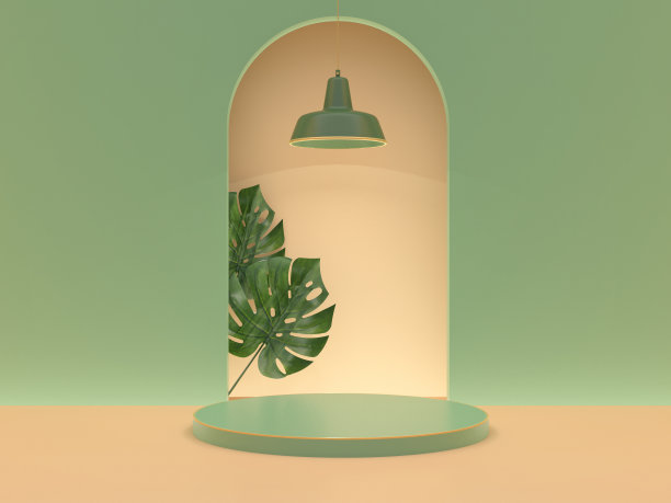 自然概念模拟。绿色产品平台与绿色的叶子和灯在米色和绿色的背景。图片下载