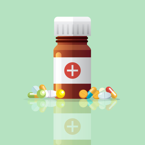 医学和保健的概念。装着药片的小瓶，背景是彩色抽象的。图片下载