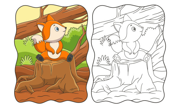卡通插图:一只狐狸坐在一棵大树的树干上，悠闲地享受着白天的天气，大树被砍下来供孩子们读书或阅读图片下载