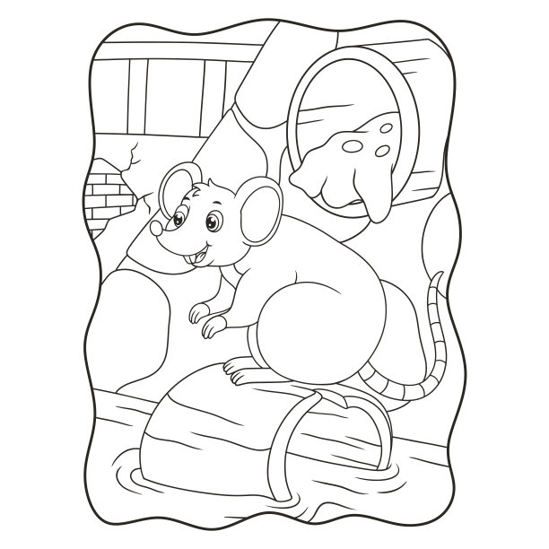 卡通插画老鼠正站在一根圆木上，在沟书或书页上为孩子们黑和白图片下载