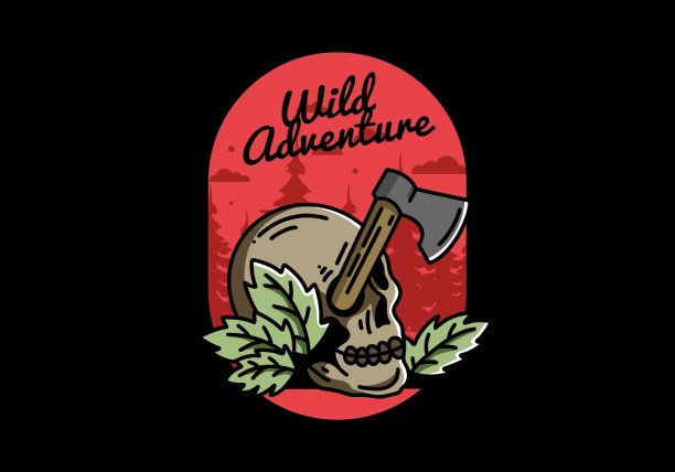 一个斧头卡在头骨的插图设计图片下载