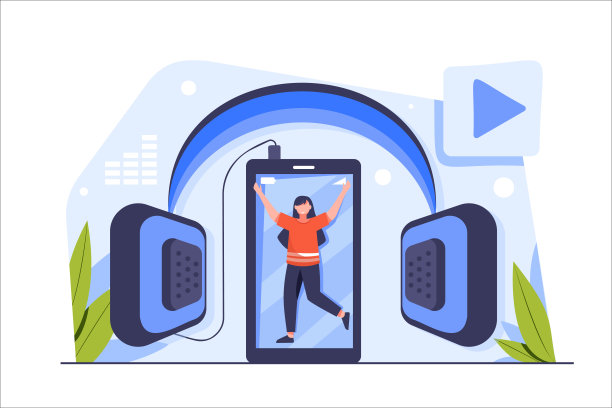 年轻女子听音乐，流媒体和在线播客使用智能手机和耳机。图片下载