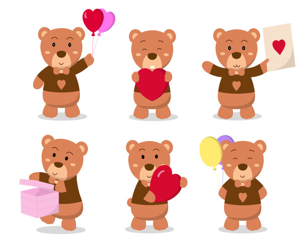 一套可爱的泰迪熊在情人节概念向量图片下载