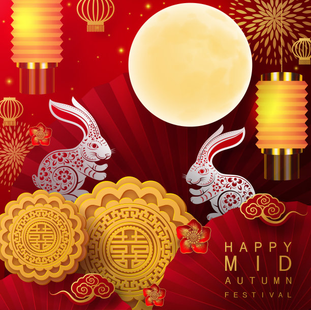 中秋节兔和月亮，月饼，花，中国灯笼与金剪纸风格的颜色背景。(中文译名:中秋节)图片下载