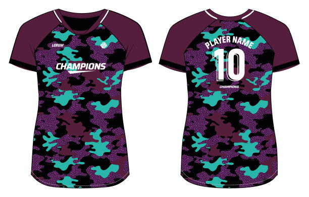 迷彩女性运动球衣t恤设计插图，V领t恤女童和女士排球球衣，足球，羽毛球，足球，网球，raglan V领运动制服套件图片下载