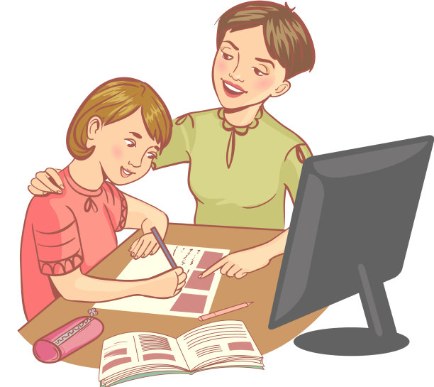 和妈妈一起做作业的女学生图片下载