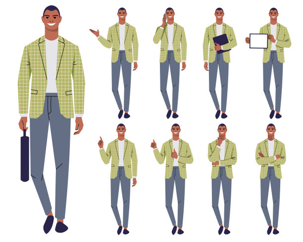 一组黑人商人的不同姿势和手势。一个穿西装的年轻人。办公室职员、CEO、领导被孤立。电话交谈，演讲，竖起大拇指，交叉手臂。图片下载