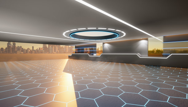 3d渲染未来主义的陈列室，飞船，大厅或工作室的空白空间作为背景。图片下载