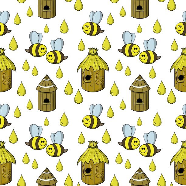 鲜艳的印花，可爱的小蜜蜂采蜜，蜂箱，无缝的方形图案图片下载