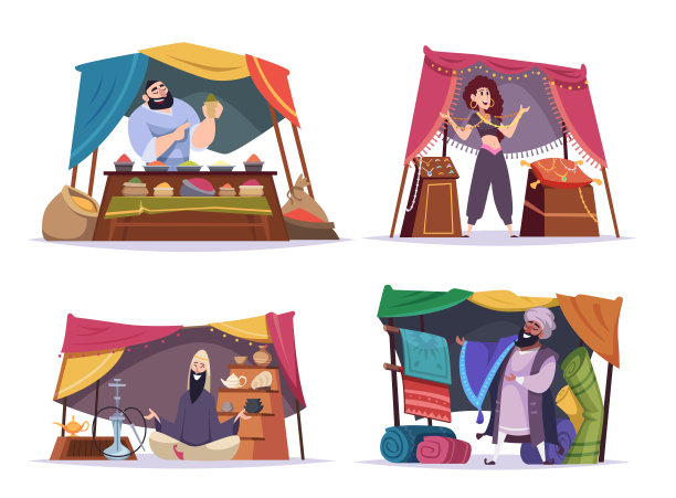 亚洲市场。东方人卖地毯宝贝手工饰品精确矢量卡通人物图片下载