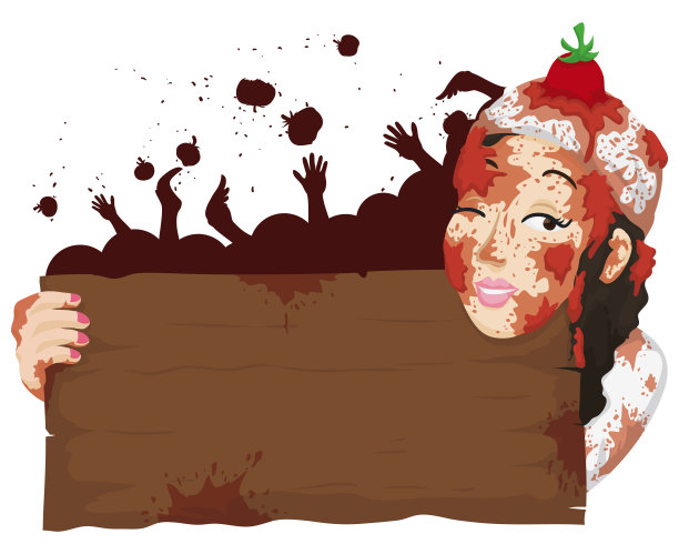 在番茄大战中，女人举着一个标志，矢量插图图片下载