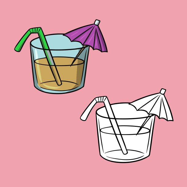 一组图片，一个装着果汁的直玻璃玻璃杯，一个用伞和管子装饰的精英饮品，矢量图片下载