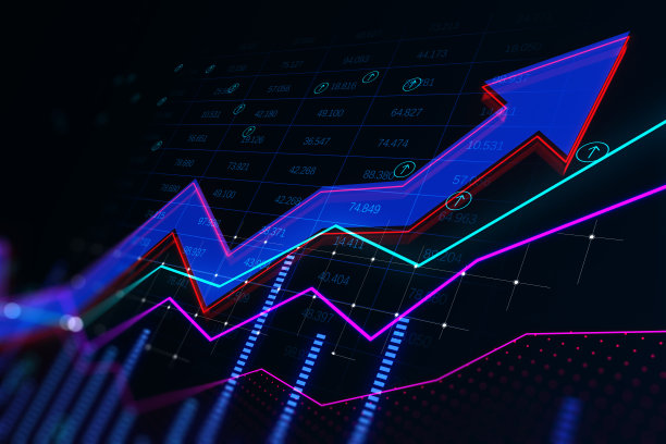 摘要增长的业务箭头和图表的黑色背景与指数。财务数据、交易和市场概念。3 d渲染。图片下载