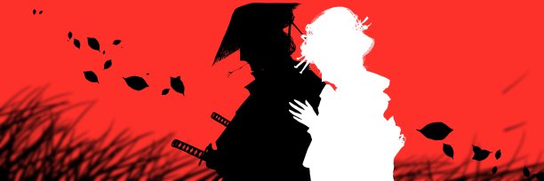 这幅画以飞舞的落叶为背景，描绘了戴着帽子、咬着草的悲伤的年轻武士和和他一起游荡并试图自杀的小镇女孩，仿佛是索尼奇式的自杀。图片下载