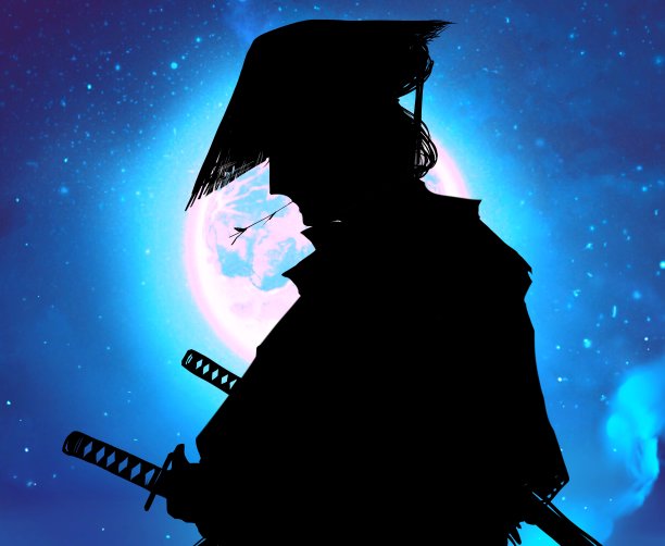 黑白剪纸风格的歌舞伎演员扮演江户时代的武士，戴着飘飘的麻花帽，嘴里衔着小树枝，背景是美丽的满月。图片下载