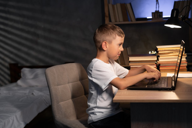 白人男孩晚上在家用笔记本电脑学习坐在桌子前，男生在线学习，电子学习图片下载