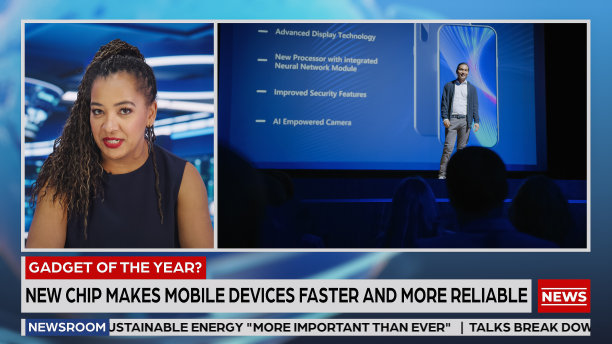 分屏电视新闻直播:主播谈话。报道内容:新闻发布会介绍高新技术设备，人工智能智能手机。电视节目频道概念图片下载