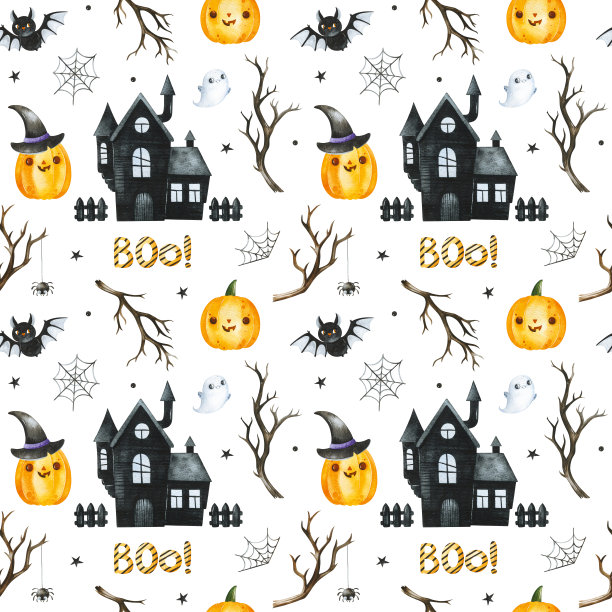 可爱的水彩万圣节无缝图案。图片下载