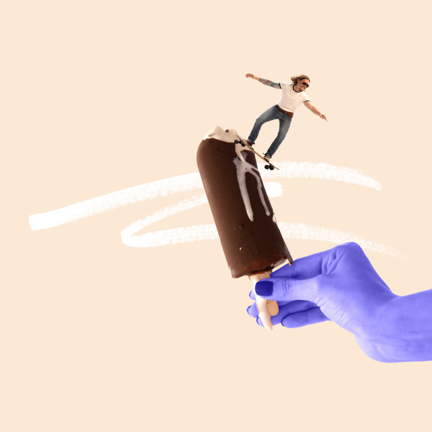 当代艺术拼贴与年轻男子穿着60年代，70年代服装滑板上的冷爱斯基摩派。时尚,艺术,超现实主义。图片下载