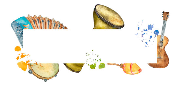 民间乐器水彩画画框孤立。图片下载