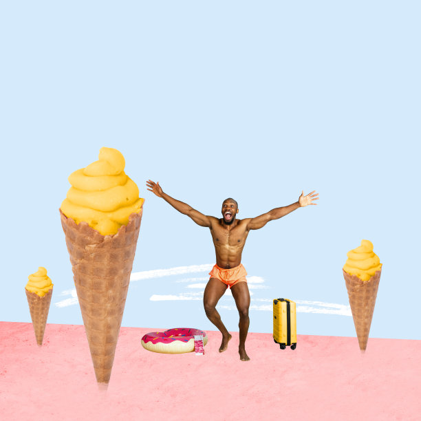 兴奋的男人跑向巨大的冰淇淋甜筒，当代艺术拼贴，现代设计。思想、情感、幸福。复古风，度假风，夏日风图片下载
