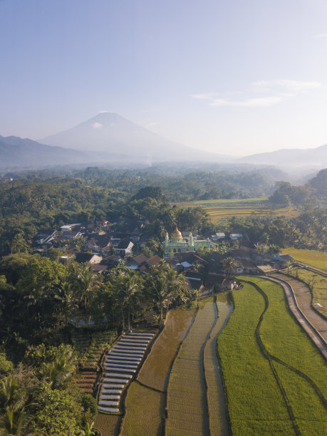 位于稻田和乡村中间的金色圆顶清真寺航拍照片图片下载