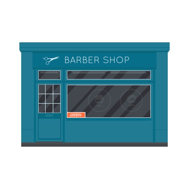 向量平面设计餐厅外观和商店立面:理发店。商店前窗口建筑图标孤立在白色背景图片下载