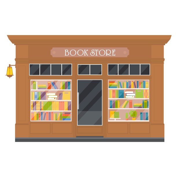 矢量平面设计餐厅外观和商店立面:书店，。商店前窗口建筑图标孤立在白色背景。图片下载