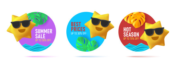 夏季销售贴纸3d太阳图标和棕榈叶和大海图片下载