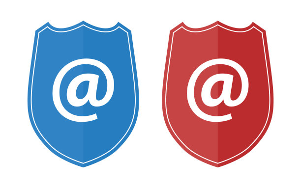 电子邮件安全-蓝色和红色的盾牌图标在白色背景图片下载
