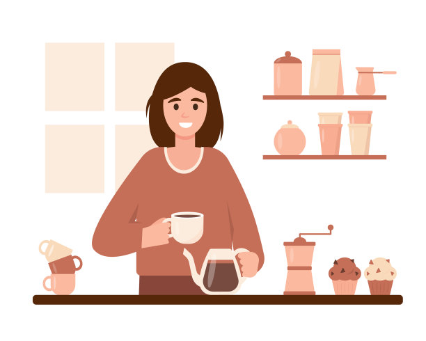 在家里的厨房里，一个年轻女人带着咖啡帽图片下载