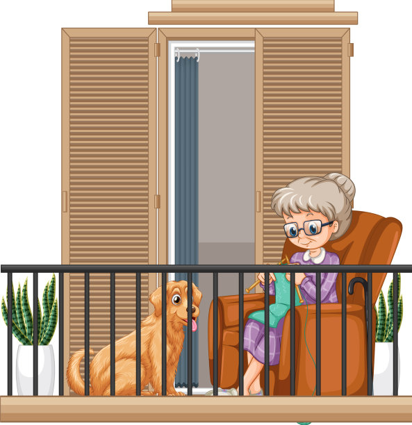 老妇人在阳台上织毛线图片下载